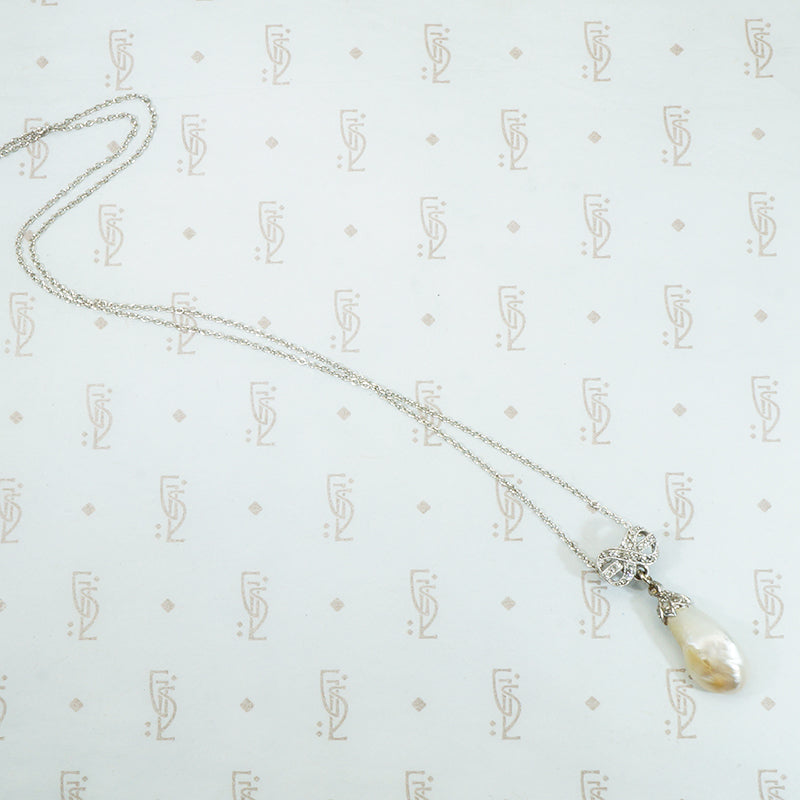 natural pearl rose cut diamond and platinum pendant