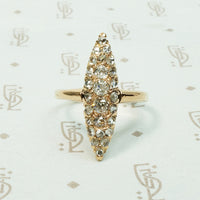 14k yellow gold navette shape pavé set with old mine cut diamonds and rose cut diamonds antique ring