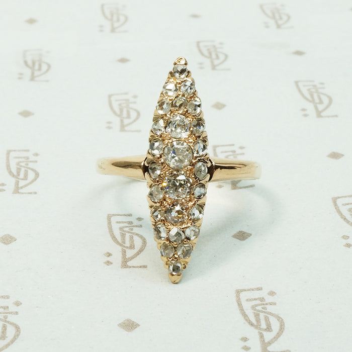 14k yellow gold navette shape pavé set with old mine cut diamonds and rose cut diamonds antique ring