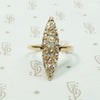 14k yellow gold navette shape pavé set with old mine cut diamonds and rose cut diamonds antique ring