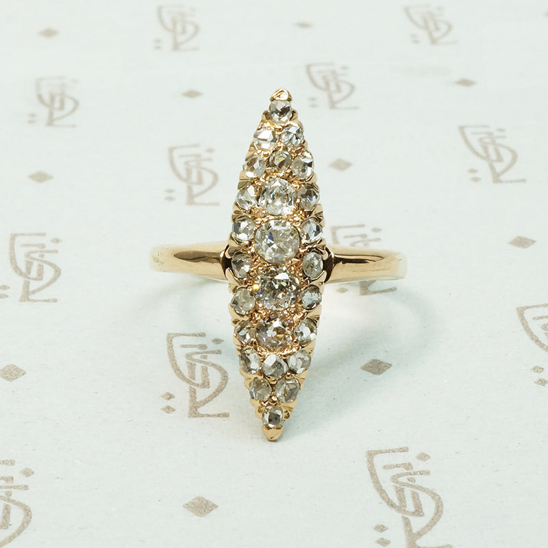 14k yellow gold navette shape pavé set with old mine cut diamonds and rose cut diamonds antique ring