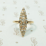 14k yellow gold navette shape pavé set with old mine cut diamonds and rose cut diamonds antique ring