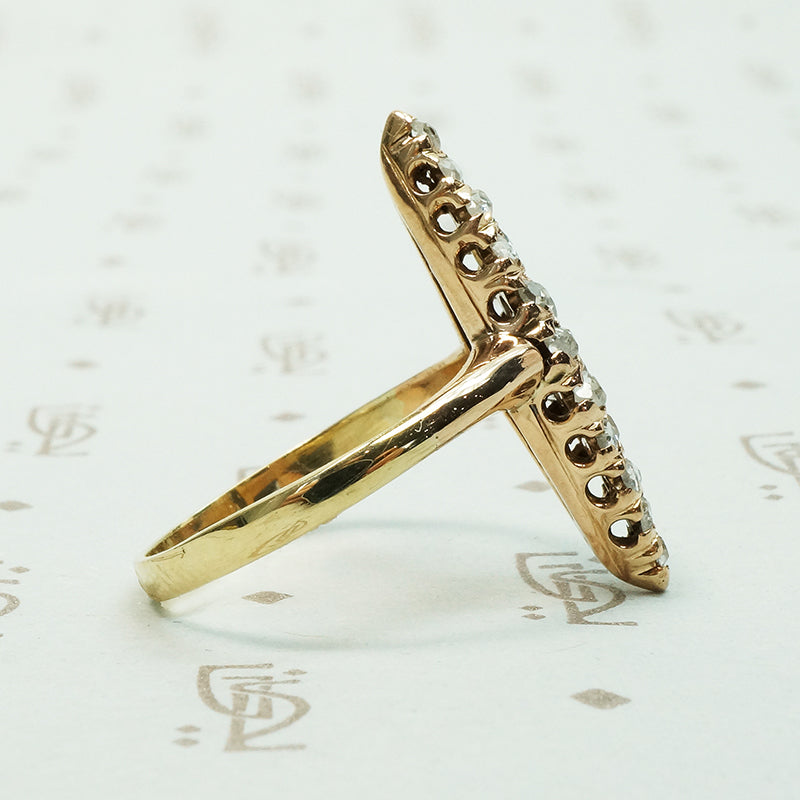 14k yellow gold navette shape pavé set with old mine cut diamonds and rose cut diamonds antique ring