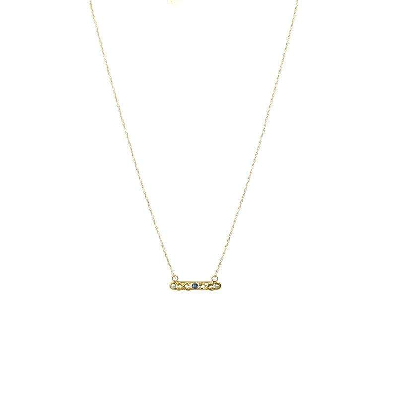 Antique Bar Necklace in Yellow Gold with Sapphire and Pearls