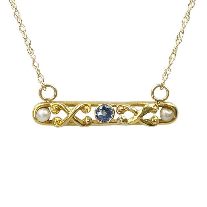 Antique Bar Necklace in Yellow Gold with Sapphire and Pearls