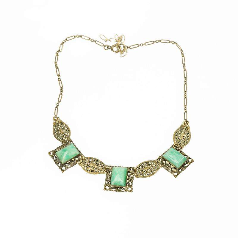 Czech Necklace from the 20's in Green Glass and brass Filigree
