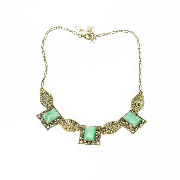Czech Necklace from the 20's in Green Glass and brass Filigree