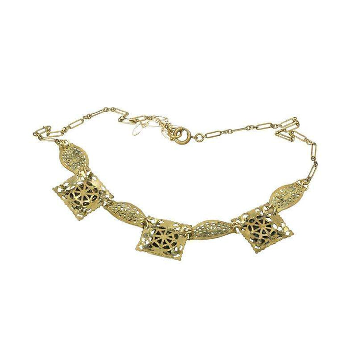 Czech Necklace from the 20's in Green Glass and brass Filigree