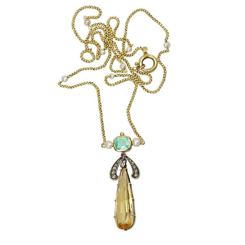The Perfect Victorian Necklace: Topaz Emerald Ruby and Rose Cut Diamonds a Harelquin of colors