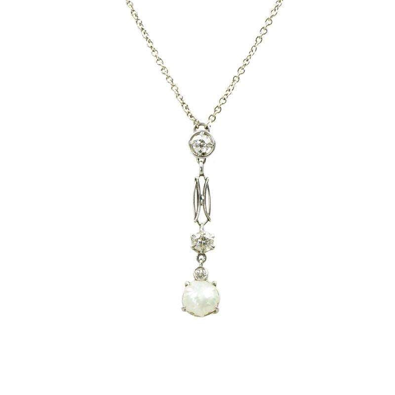Edwardian Necklace in Platinum with Natural Pearl & Diamonds