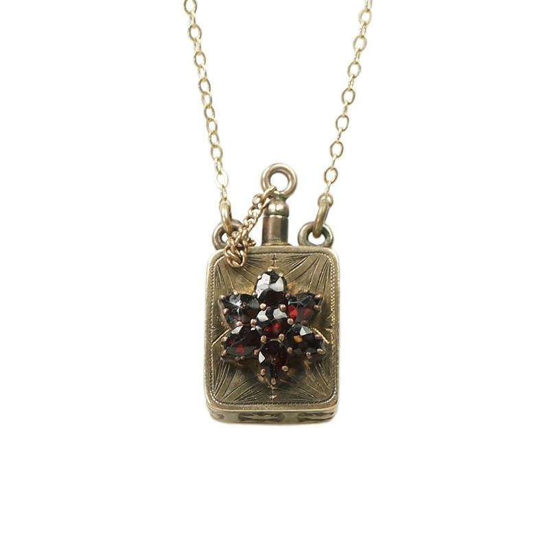 Gold Victorian Pendant Perfume Bottle set with Bohemian Garnets