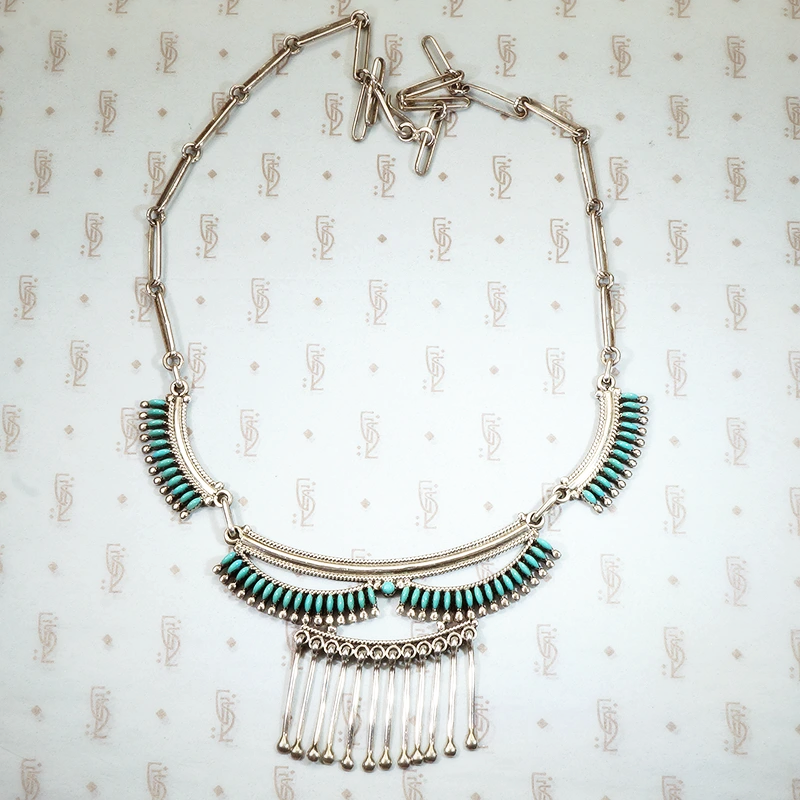 Octavius and Irma Seowtewa Zuni Petit Point Turquoise and Sterling collar necklace