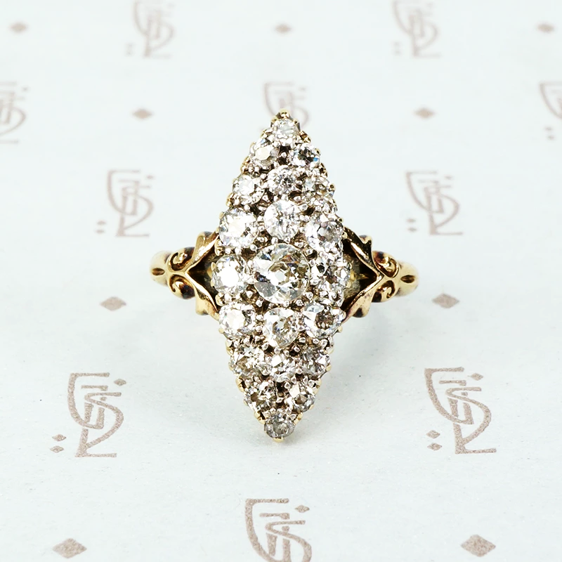 marquis shaped old mine cut diamond cluster ring