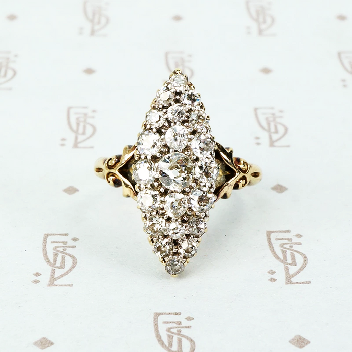marquis shaped old mine cut diamond cluster ring