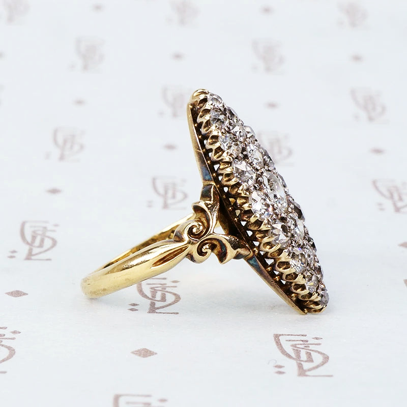 marquis shaped old mine cut diamond cluster ring