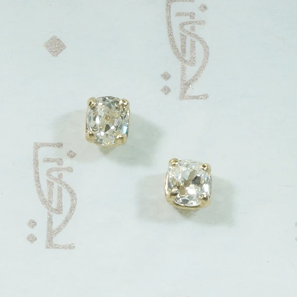 cushion cut omc diamond stud earrings in recycled 14k yellow gold
