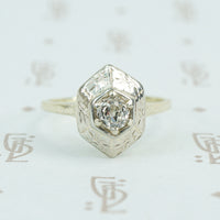 Engraved white and green gold omc engagement ring