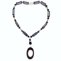 Victorian Onyx and Gold Bead Necklace with Coral Cameo Pendant
