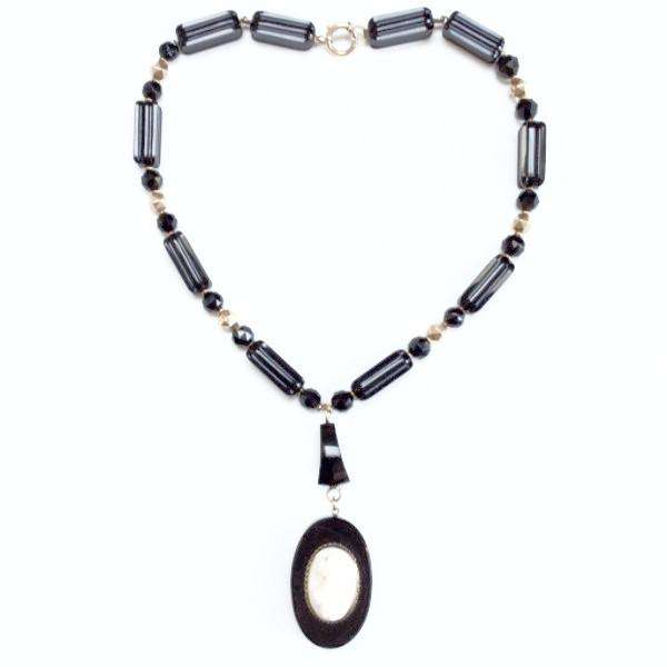 Victorian Onyx and Gold Bead Necklace with Coral Cameo Pendant