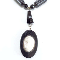 Victorian Onyx and Gold Bead Necklace with Coral Cameo Pendant