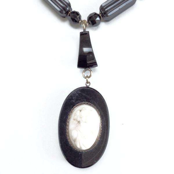 Victorian Onyx and Gold Bead Necklace with Coral Cameo Pendant