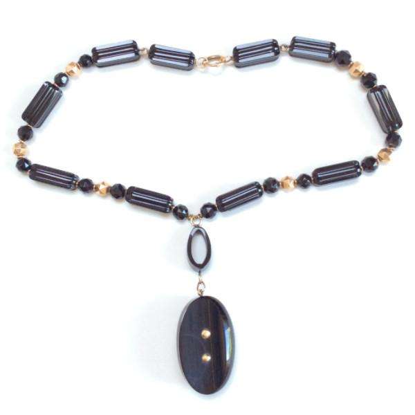 Victorian Onyx and Gold Bead Necklace with Coral Cameo Pendant