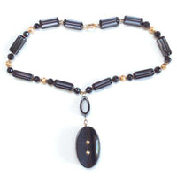 Victorian Onyx and Gold Bead Necklace with Coral Cameo Pendant