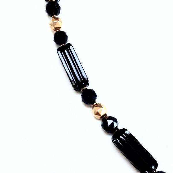 Victorian Onyx and Gold Bead Necklace with Coral Cameo Pendant