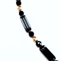 Victorian Onyx and Gold Bead Necklace with Coral Cameo Pendant