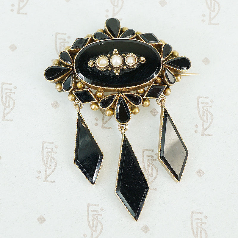 Late 19th c Gold and Onyx Brooch with pearls and long onyx drops