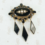 Late 19th c Gold and Onyx Brooch with pearls and long onyx drops