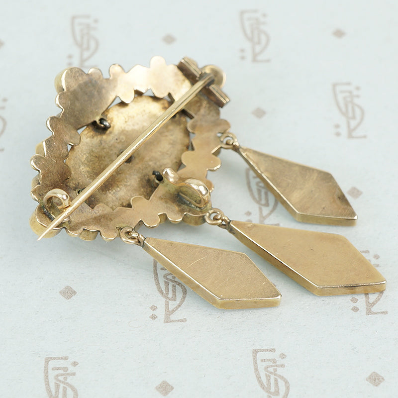 Late 19th c Gold and Onyx Brooch with pearls and long onyx drops back view showing c clasp and chatelane hook