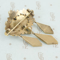 Late 19th c Gold and Onyx Brooch with pearls and long onyx drops back view showing c clasp and chatelane hook