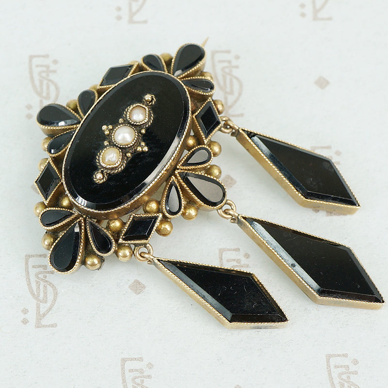 Late 19th c Gold and Onyx Brooch with pearls and long onyx drops