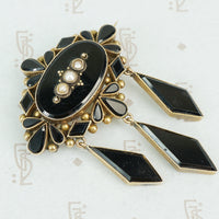 Late 19th c Gold and Onyx Brooch with pearls and long onyx drops