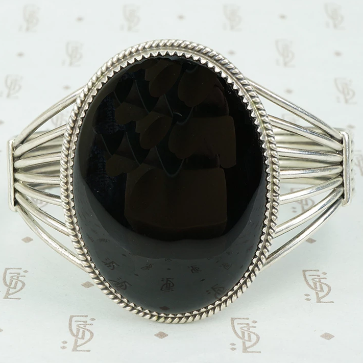 big bold vintage sterling silver and onyx cuff bracelet