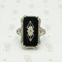 diamond set vintage art deco onyx 14k white gold filigree ring