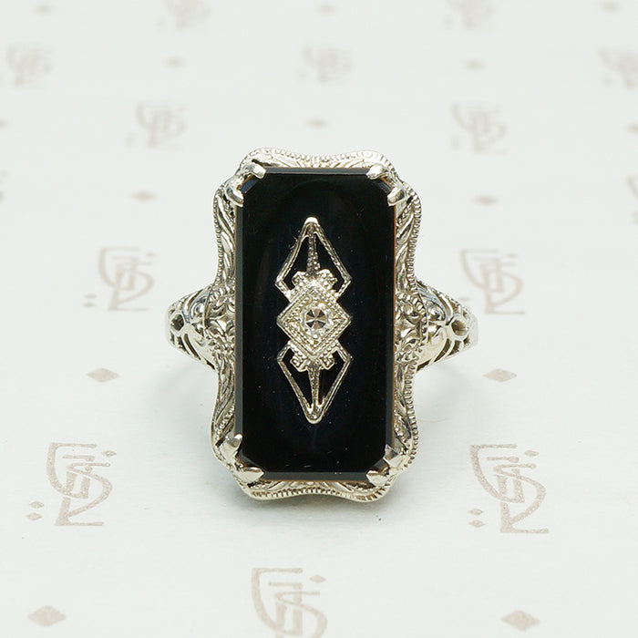 diamond set vintage art deco onyx 14k white gold filigree ring