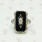 diamond set vintage art deco onyx 14k white gold filigree ring