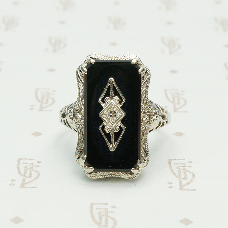 diamond set vintage art deco onyx 14k white gold filigree ring