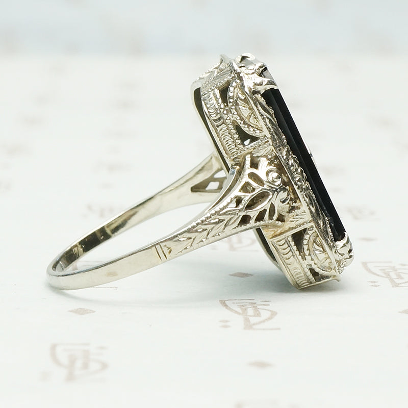 Fabulous Deco Filigree Onyx and Diamond Ring