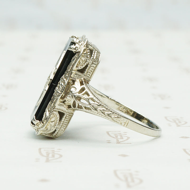 Fabulous Deco Filigree Onyx and Diamond Ring