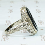 Deco Drama White Gold Filigree and Onyx Ring