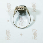 Deco Drama White Gold Filigree and Onyx Ring