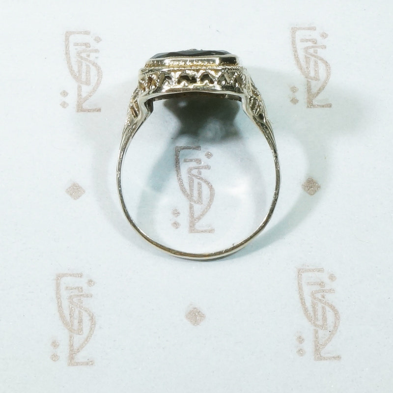 Deco Drama White Gold Filigree and Onyx Ring