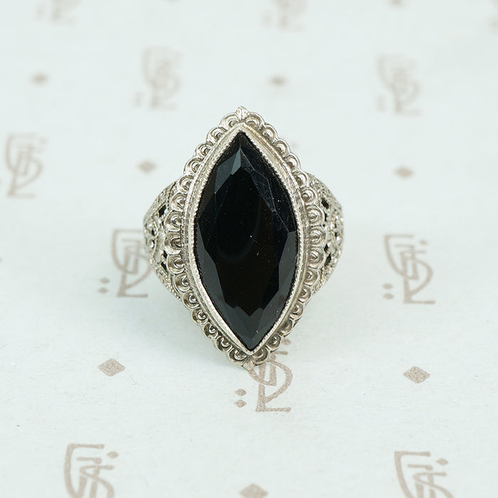 Marquis shape faceted onyx in silver filigree ring 1920's