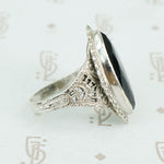 Marquis shape faceted onyx in silver filigree ring 1920's side detail of filigree
