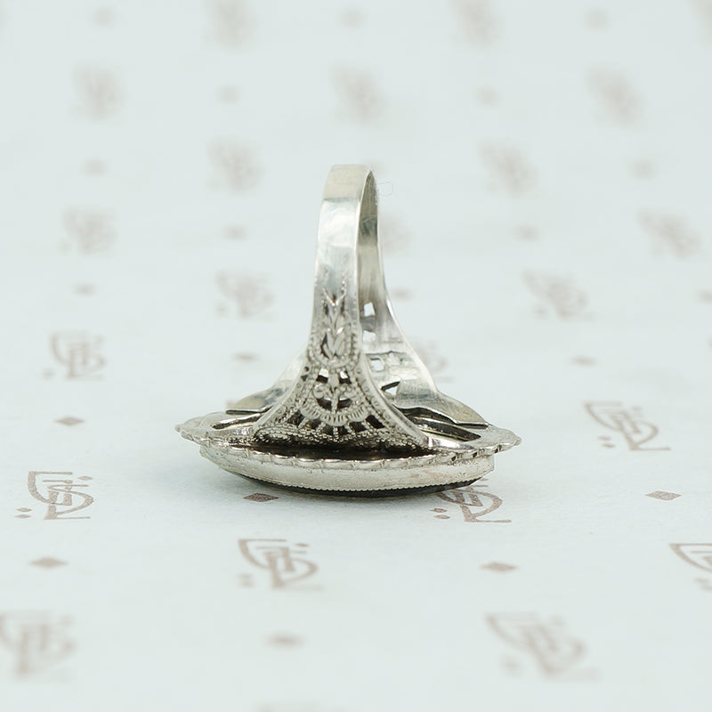 Marquis shape faceted onyx in silver filigree ring 1920's alternate view