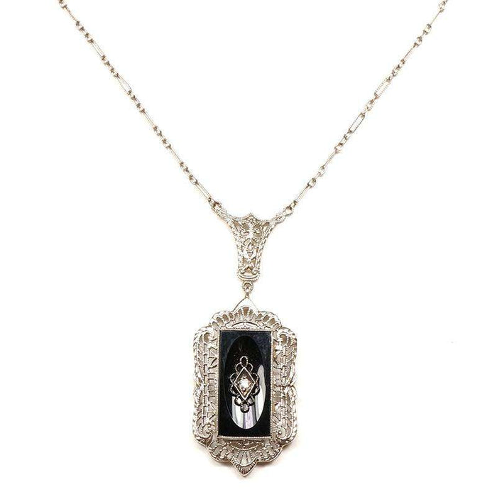 Deco 14k White Gold Filigree Onyx & Diamond Necklace