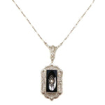 Deco 14k White Gold Filigree Onyx & Diamond Necklace